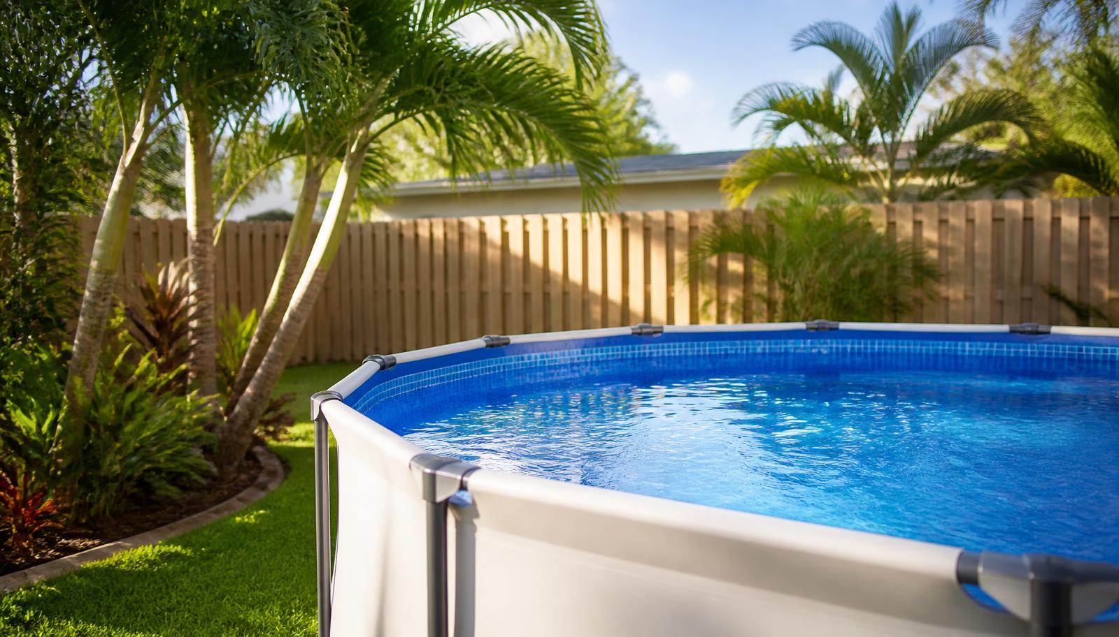 Clean above-ground pool in a fenced Florida backyard surrounded by palms