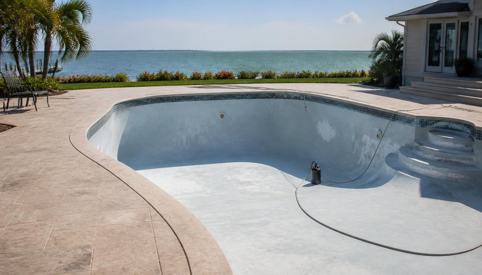 Empty residential Florida pool shell with stained plaster before restoration