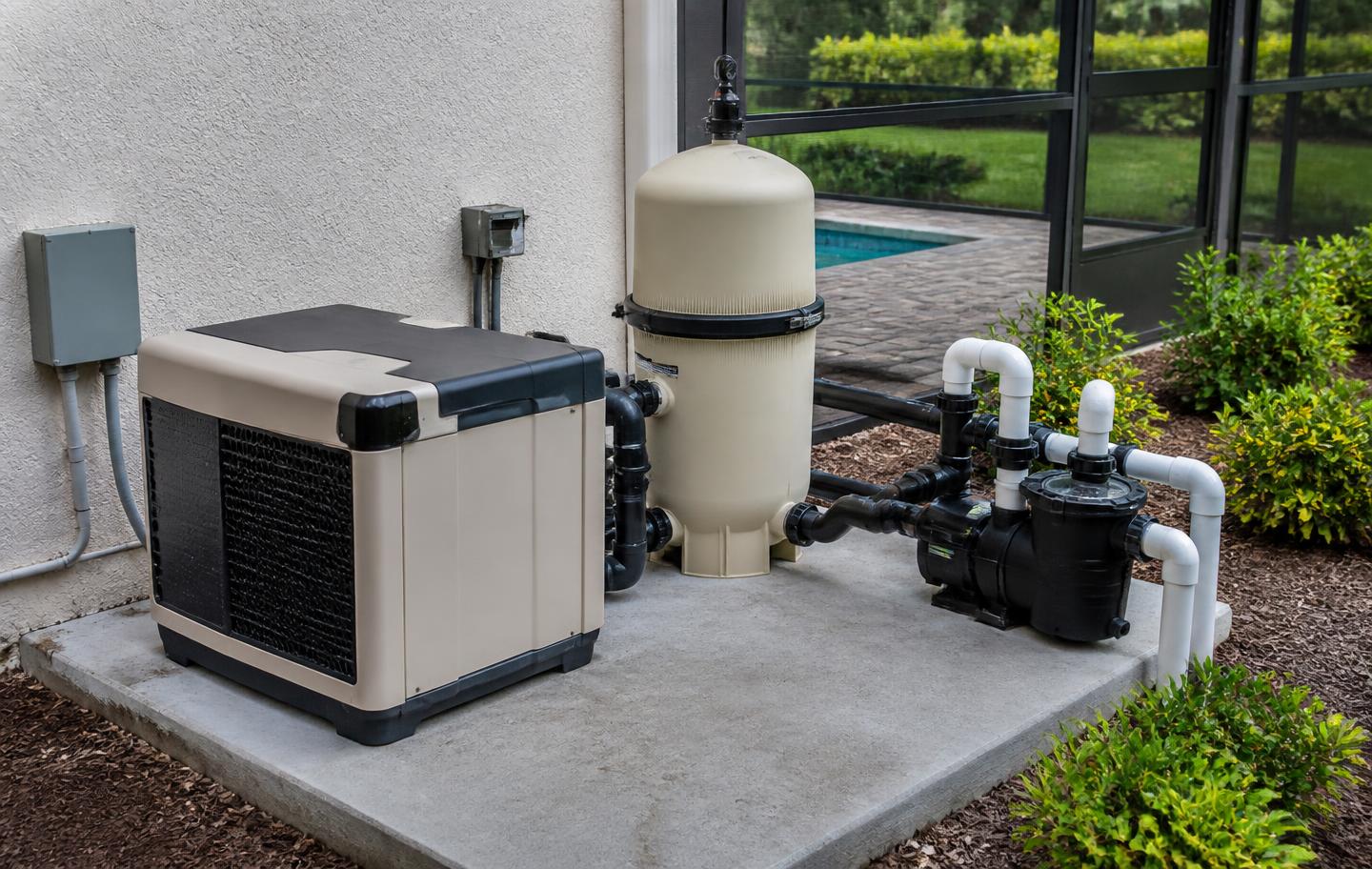 Clean pool equipment pad with pump, filter and heater at a Florida home