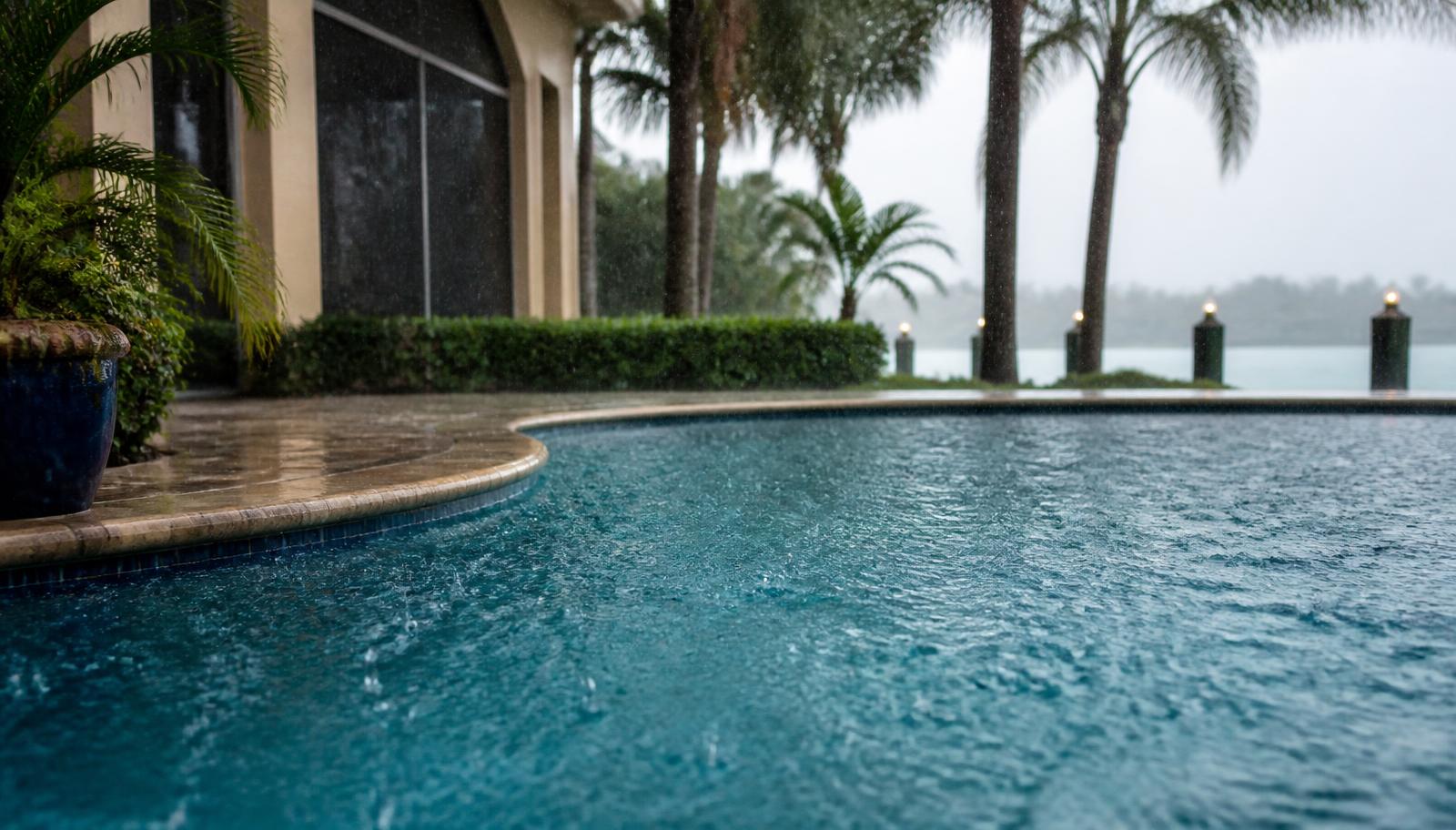 Rain falling on the surface of a residential Florida pool during a summer storm