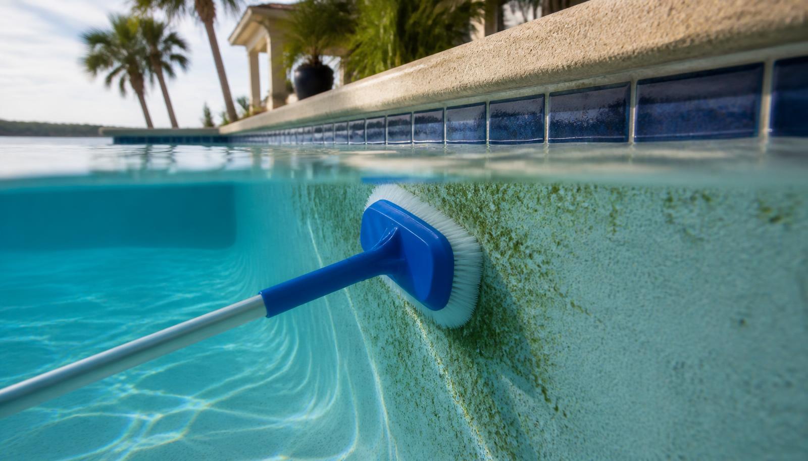 Pool brush scrubbing algae from the wall of a residential Florida pool