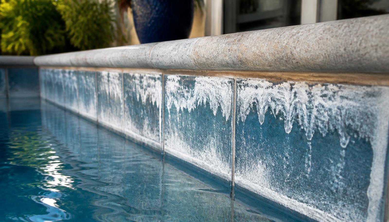 White calcium scale on the glass waterline tile of a residential Florida pool