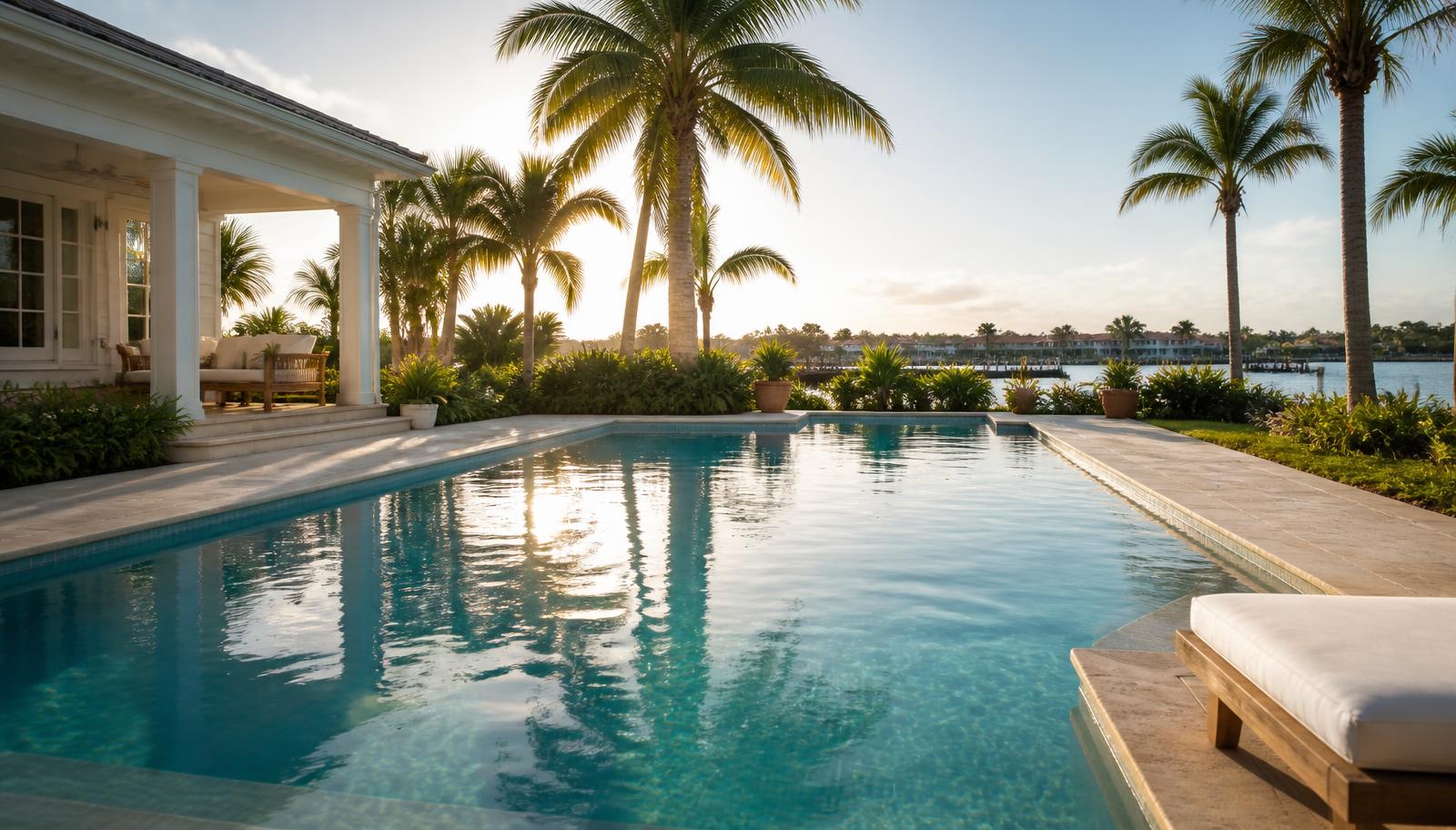 Clean residential swimming pool in a coastal Florida backyard at golden hour