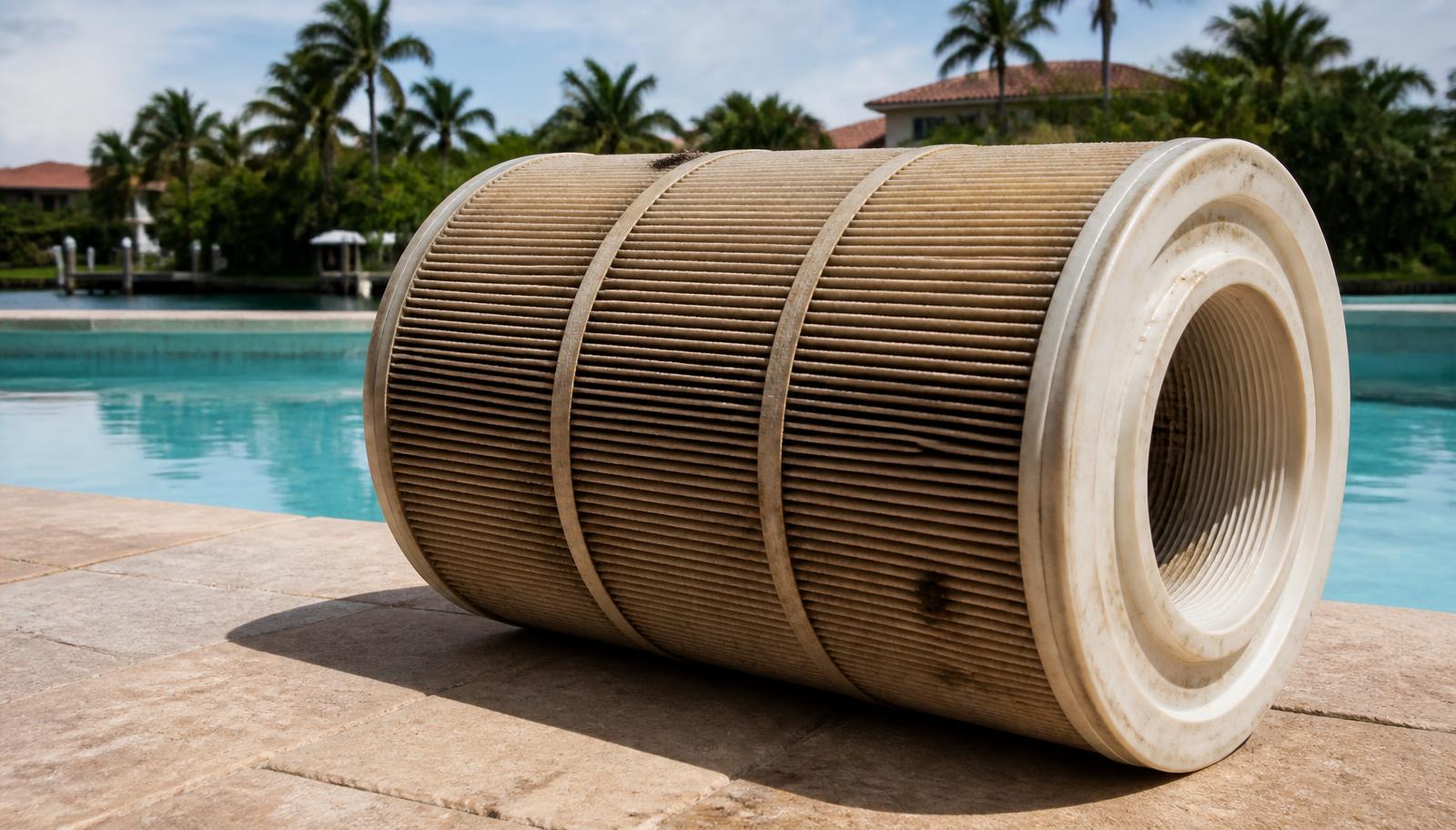 Dirty pleated pool cartridge filter element resting on a Florida pool deck