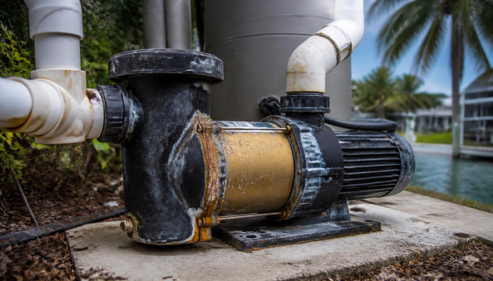 Corroded older pool pump and motor on a Florida equipment pad