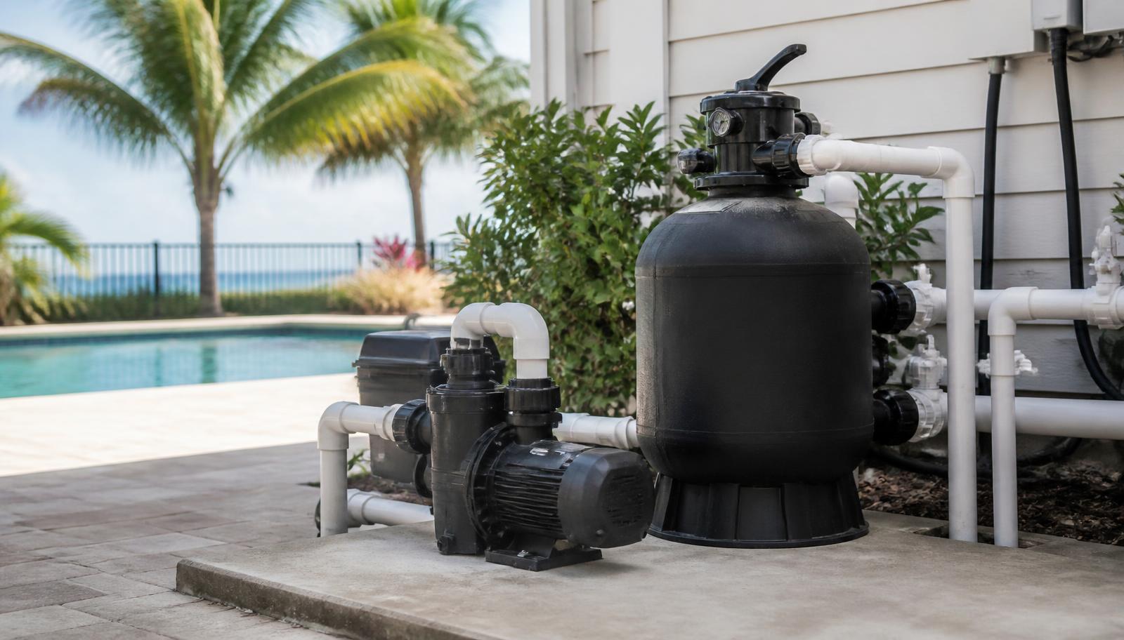 Pool pump and sand filter on an equipment pad beside a residential Florida pool