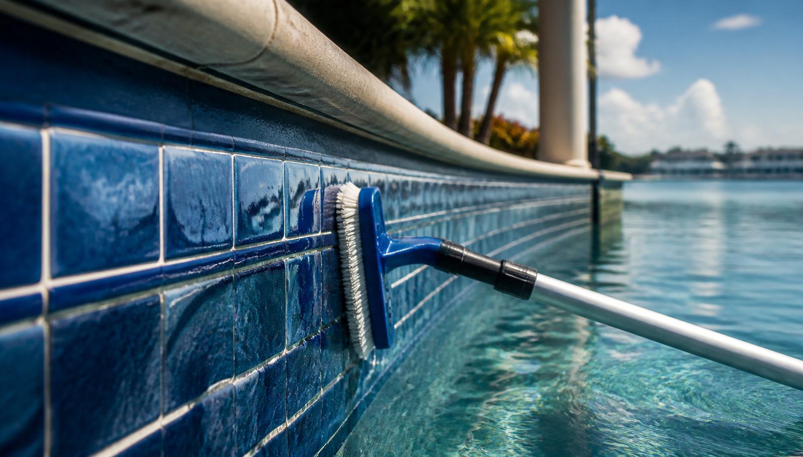 Brush cleaning glossy blue waterline tile at a residential Florida pool