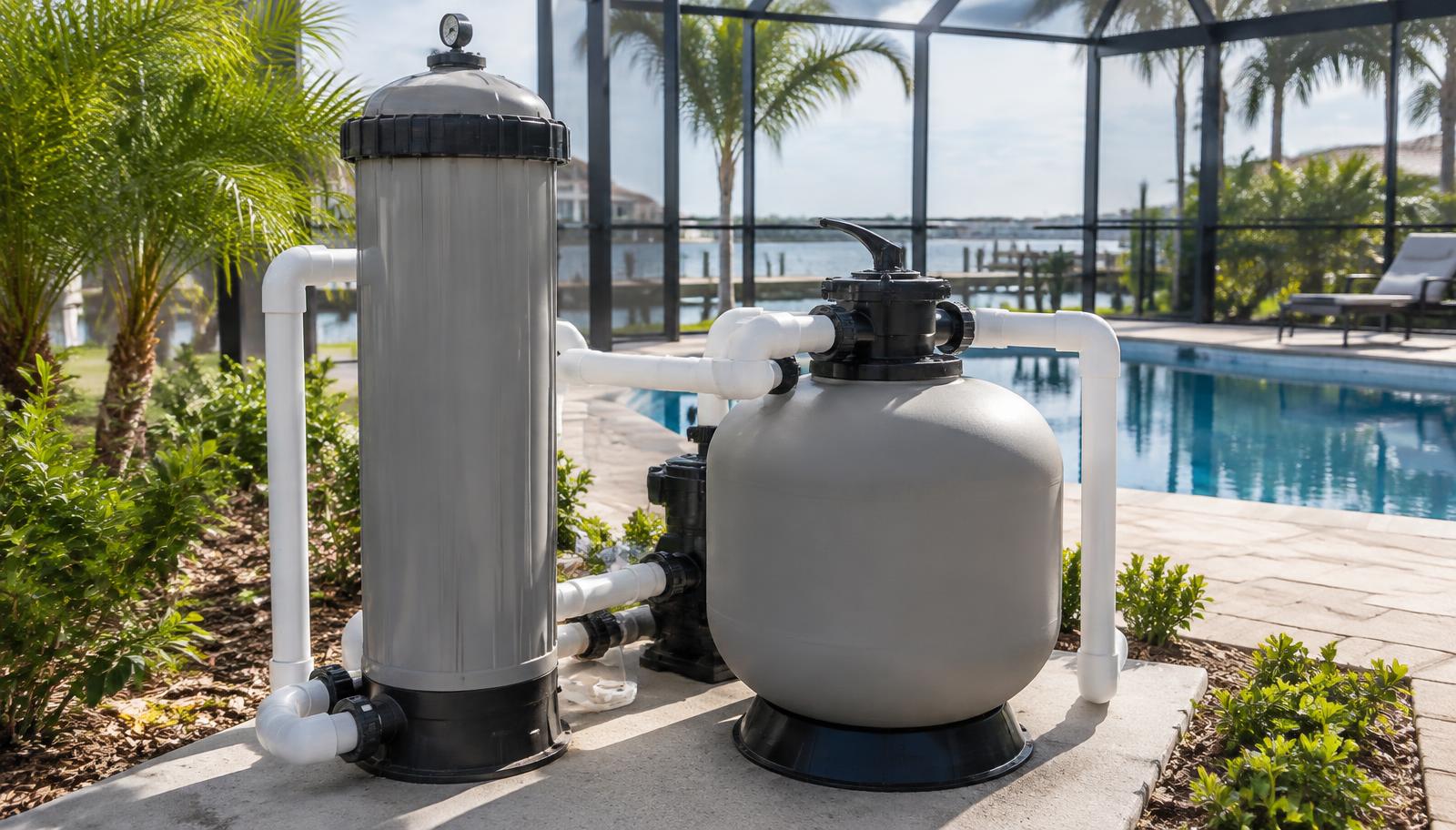 Gray cartridge pool filter beside a sand filter tank on a screened Florida pool equipment pad
