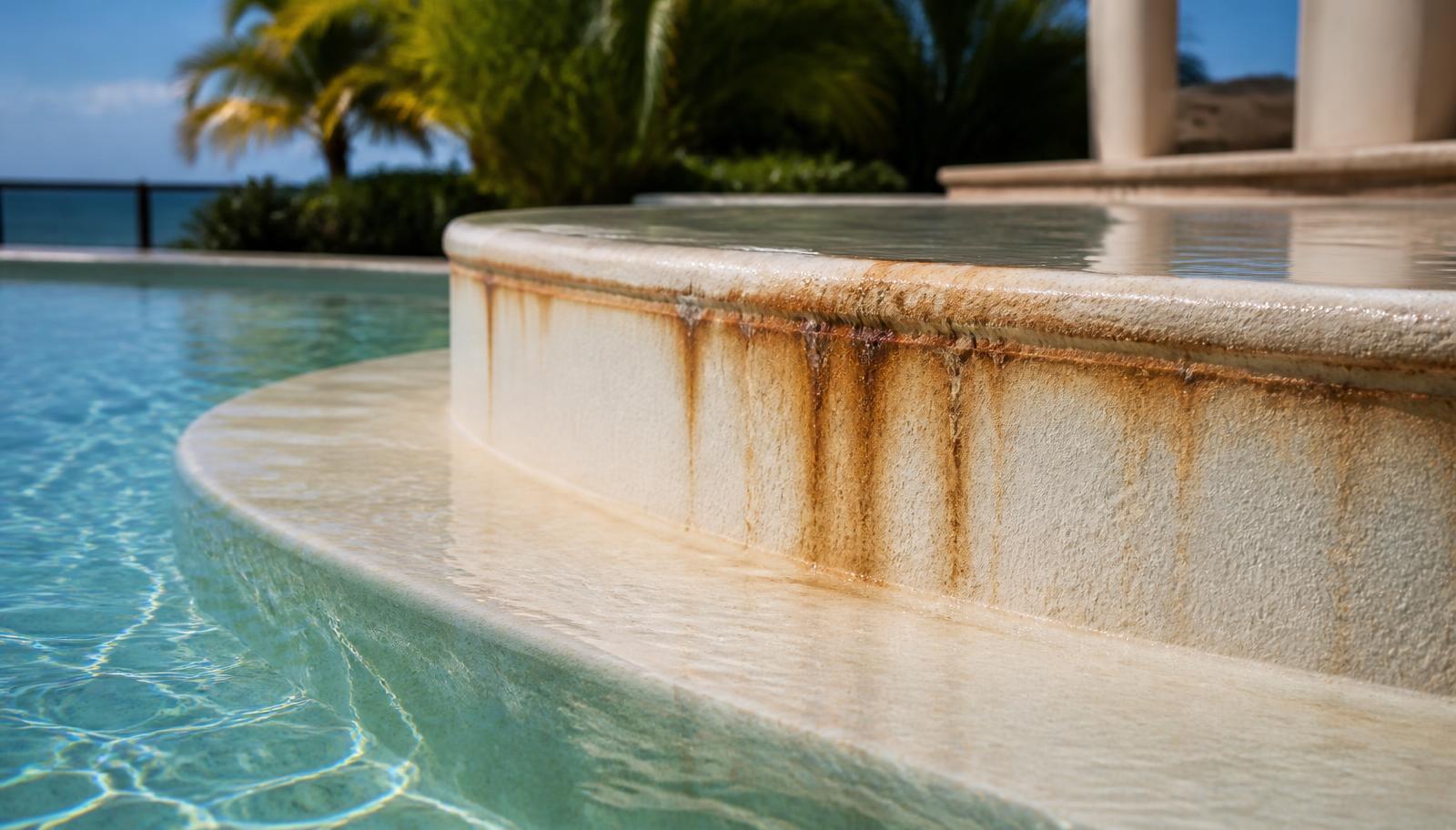 Rust-colored metal staining on the plaster edge of a residential Florida pool